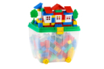 Kuferek duży z pokrywką z klockami Play Blox i przykładową budowlą.