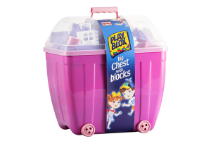 Duży kuferek na kółkach z przezroczystą pokrywą. W środku klocki Play Blox.