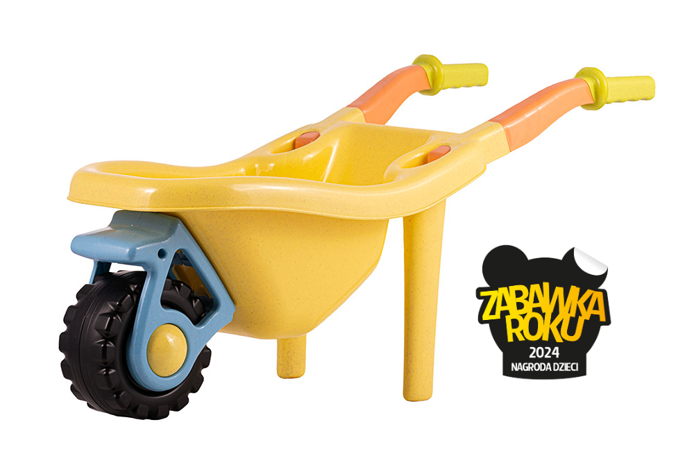 Taczka do zabawy na świeżym powietrzu z oznaczeniem „Zabawka Roku 2024 – Nagroda Dzieci”.
