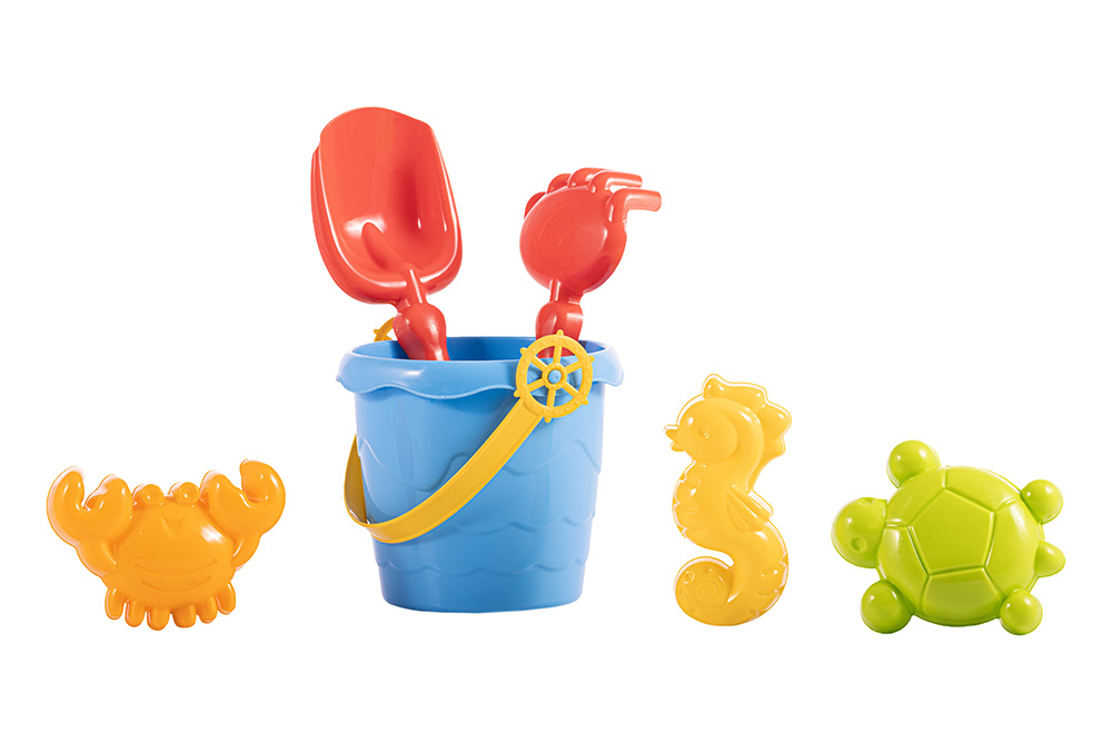 Colorful sea-themed 6-piece sand set with a bucket and handle, shovel and rake, plus molds shaped as a crab, seahorse and starfish.