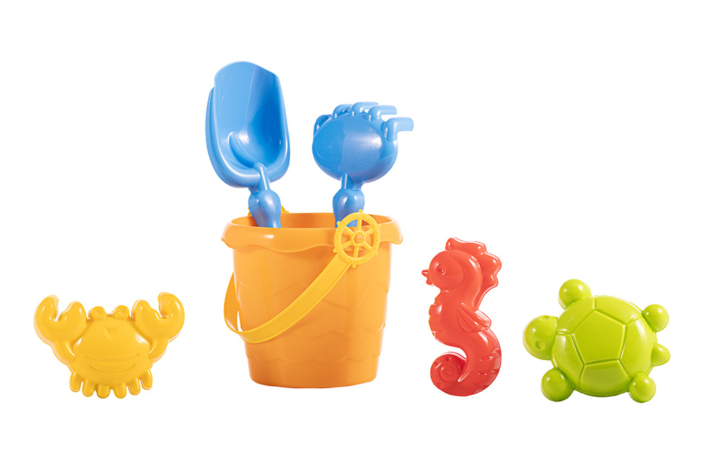 Colorful sea-themed 6-piece sand set with a bucket and handle, shovel and rake, plus molds shaped as a crab, seahorse and starfish.