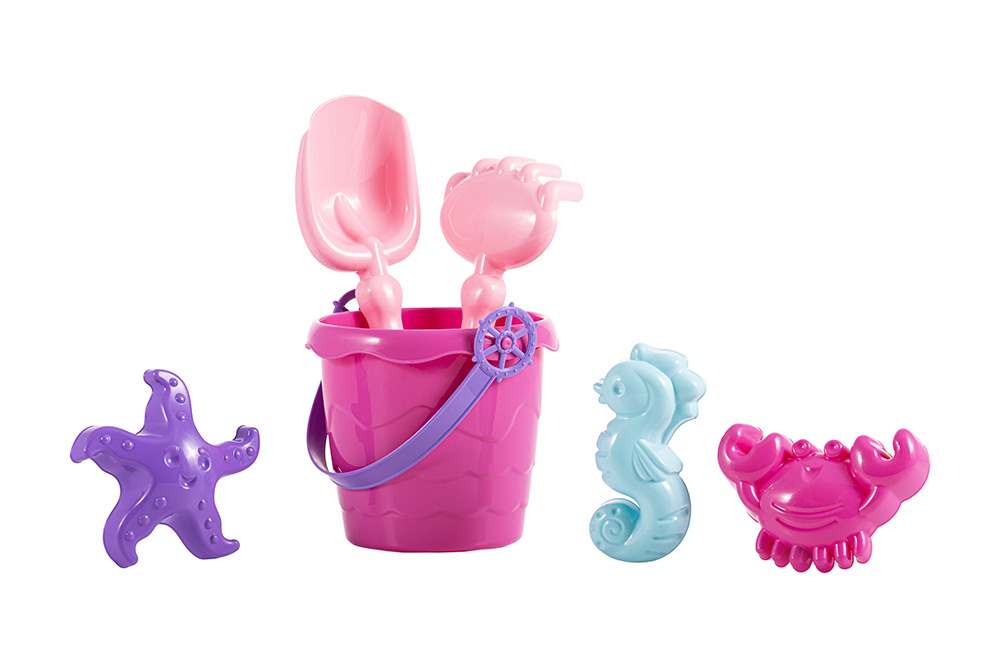 Colorful sea-themed 6-piece sand set with a bucket and handle, shovel and rake, plus molds shaped as a crab, seahorse and starfish.