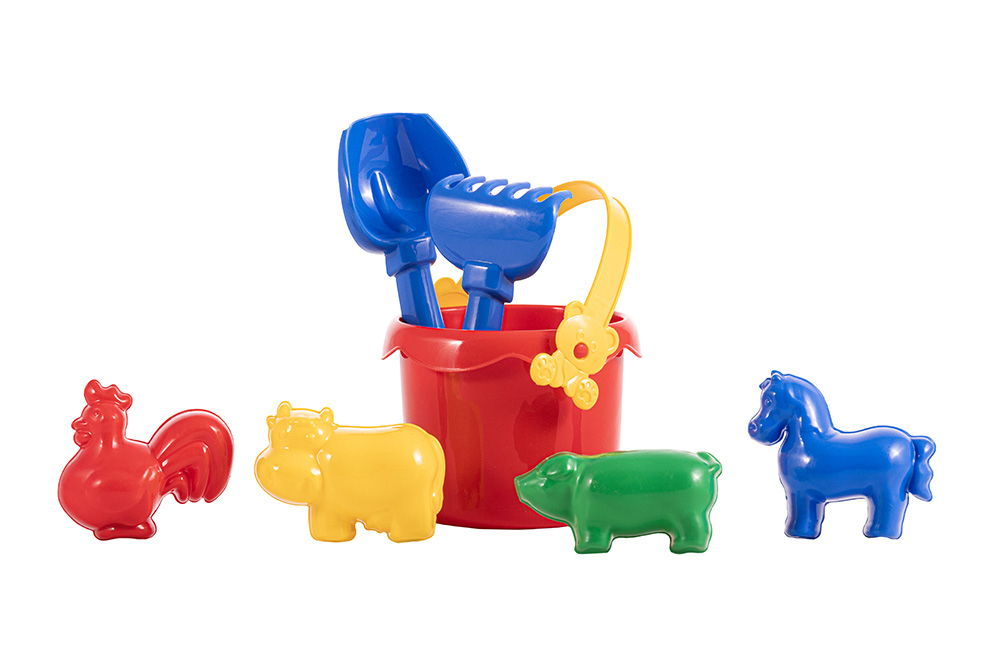 Colourful sand set with bucket, shovel, rake and four animal moulds.