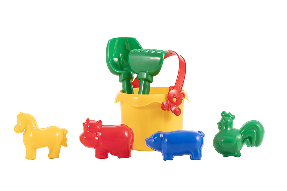 Colourful sand set with bucket, shovel, rake and four animal moulds.