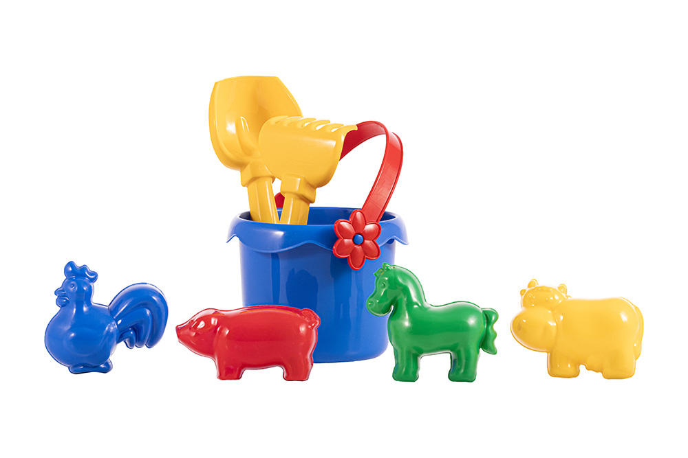 Colourful sand set with bucket, shovel, rake and four animal moulds.