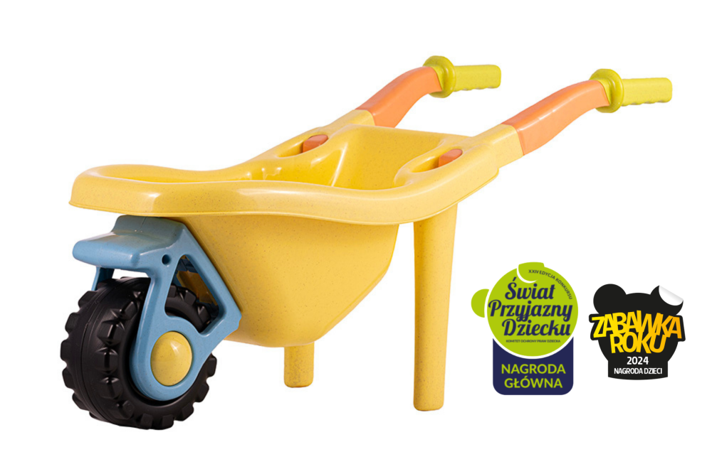 Plastikowa, kolorowa taczka dla dzieci.